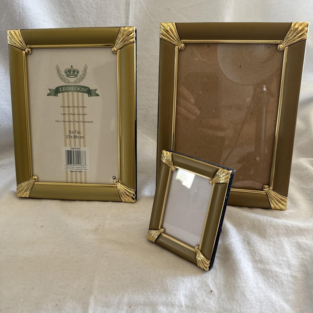 Lot of 3 Vintage brass Gold Metal ornate Picture Frames, 2 (5x7)  1 (2x3) Stand